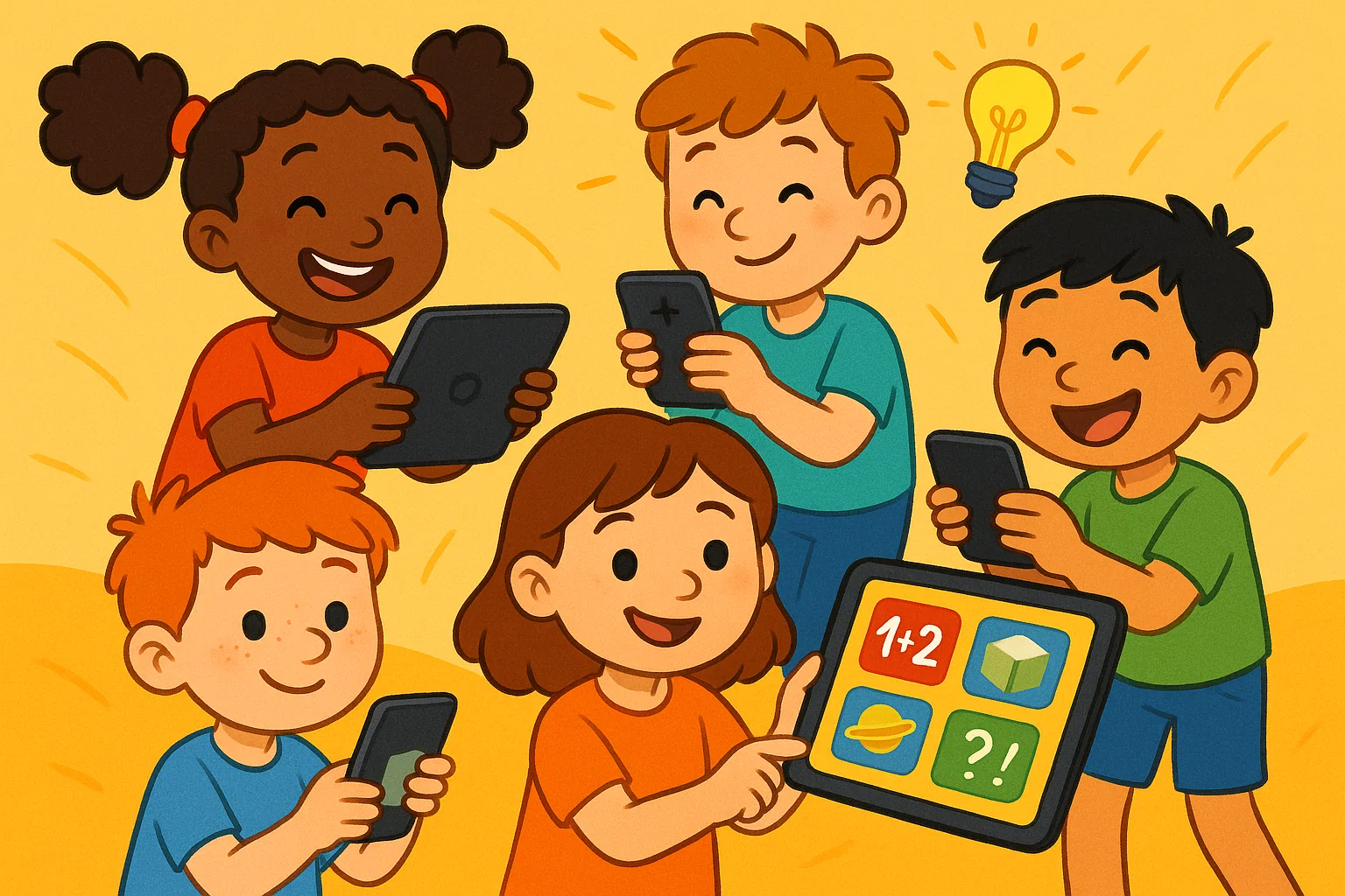 A diverse children using tablets and smartphones with apps, smiling as they learn and interact with the screens. A diverse children using tablets and smartphones with apps, smiling as they learn and interact with the screens.