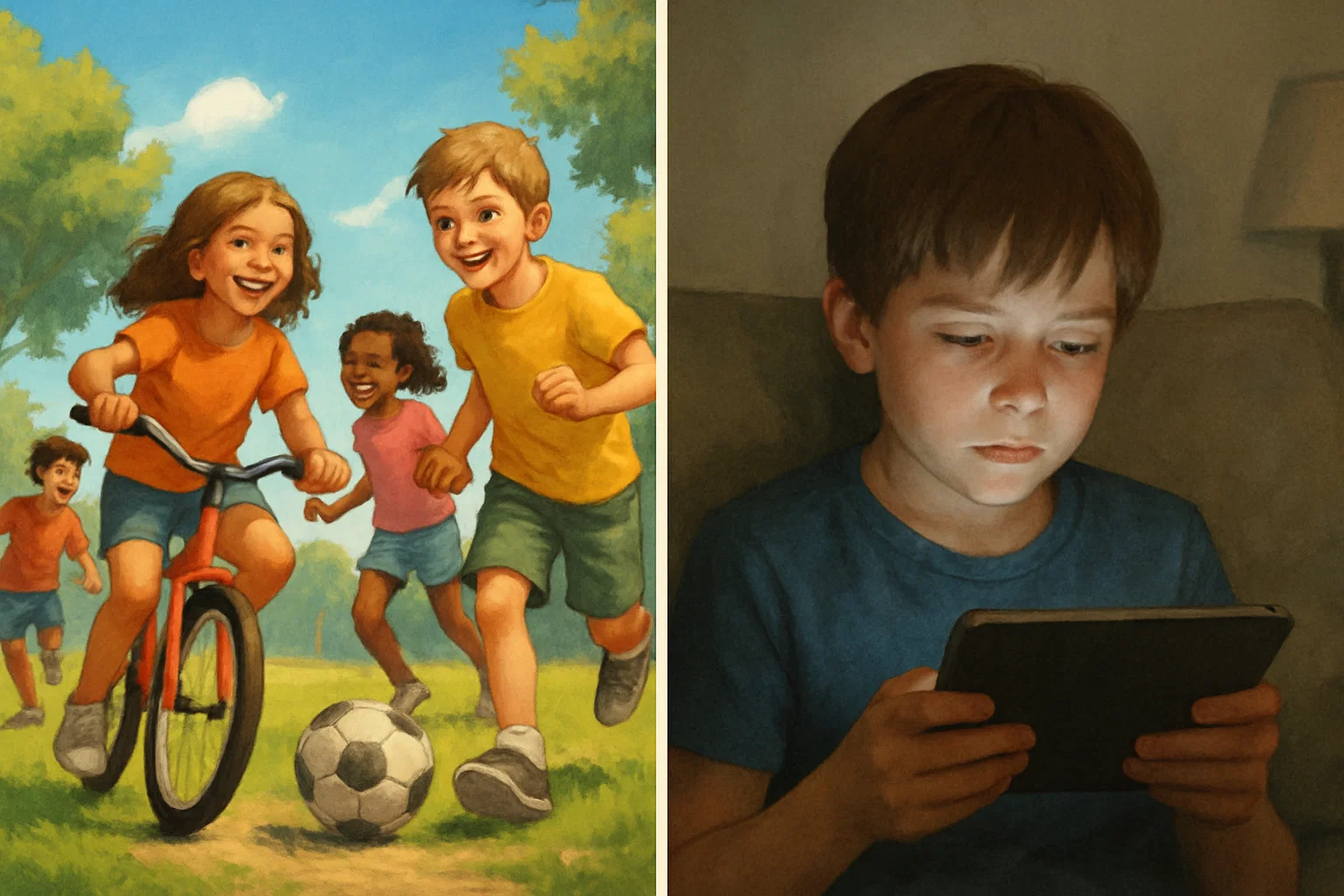 Kids Playing Outdoors vs. Kids on Screens Split image: active kids outdoors vs. child on sofa with tablet, highlighting screen time's impact on healthy habits
