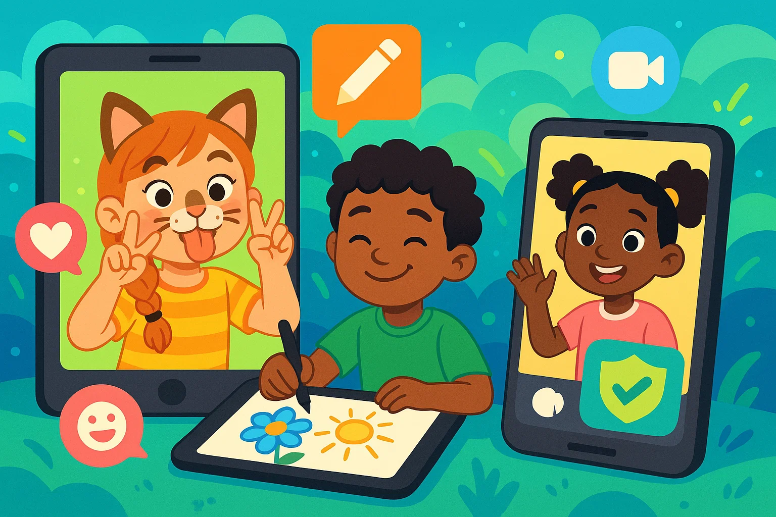 Playful kids interacting with secure apps like Snapchat Playful kids interacting with secure apps like Snapchat
