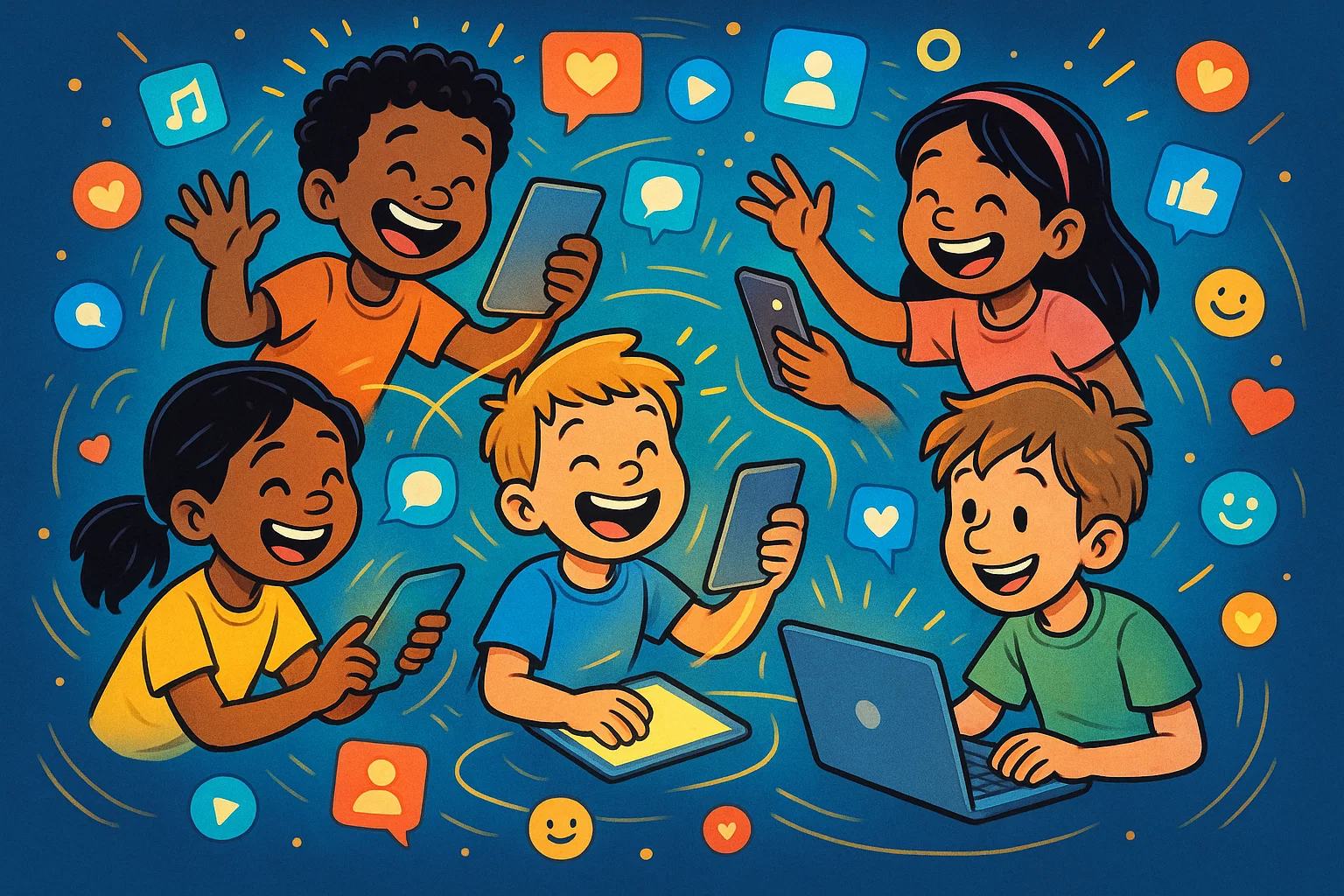 Cheerful children happily interacting through digital devices, symbolizing online friendship and expanding social circles.