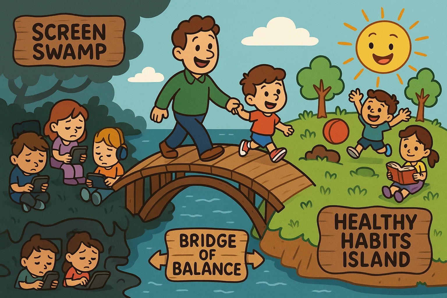 Cartoon: Parent leads child across 'Screen Time Guide' bridge from 'Screen Swamp' to 'Healthy Habits Island'. Cartoon: Parent leads child across 'Screen Time Guide' bridge from 'Screen Swamp' to 'Healthy Habits Island'.