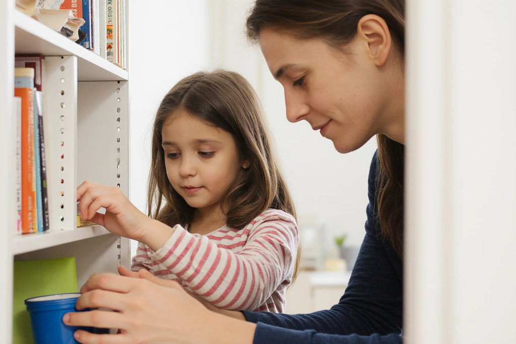 Parent and child working together, parent modeling actions for child to learn responsibility. Parent and child working together, parent modeling actions for child to learn responsibility.