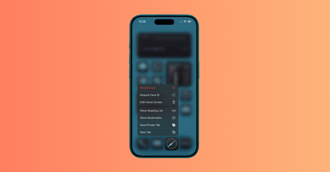 Long-press app icon to reveal options, select 'Require Face ID'. Long-press app icon to reveal options, select 'Require Face ID'.