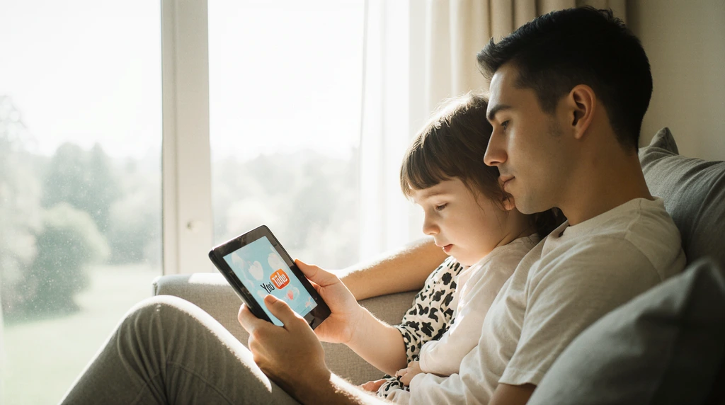 Parent and child sitting together, engaged with YouTube Kids on a tablet, showing supervision.