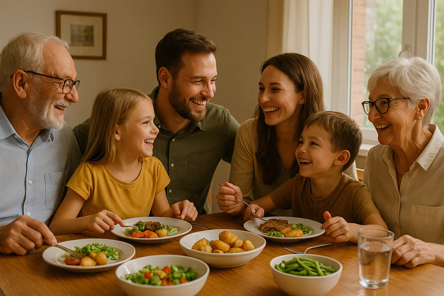Family sharing a meal, fostering a thankful home environment