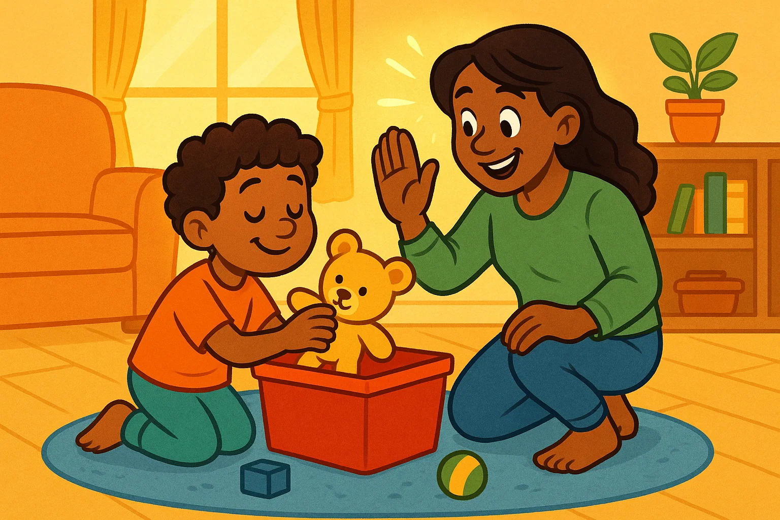 Illustration of parent and child in a positive, non-abusive discipline momen.