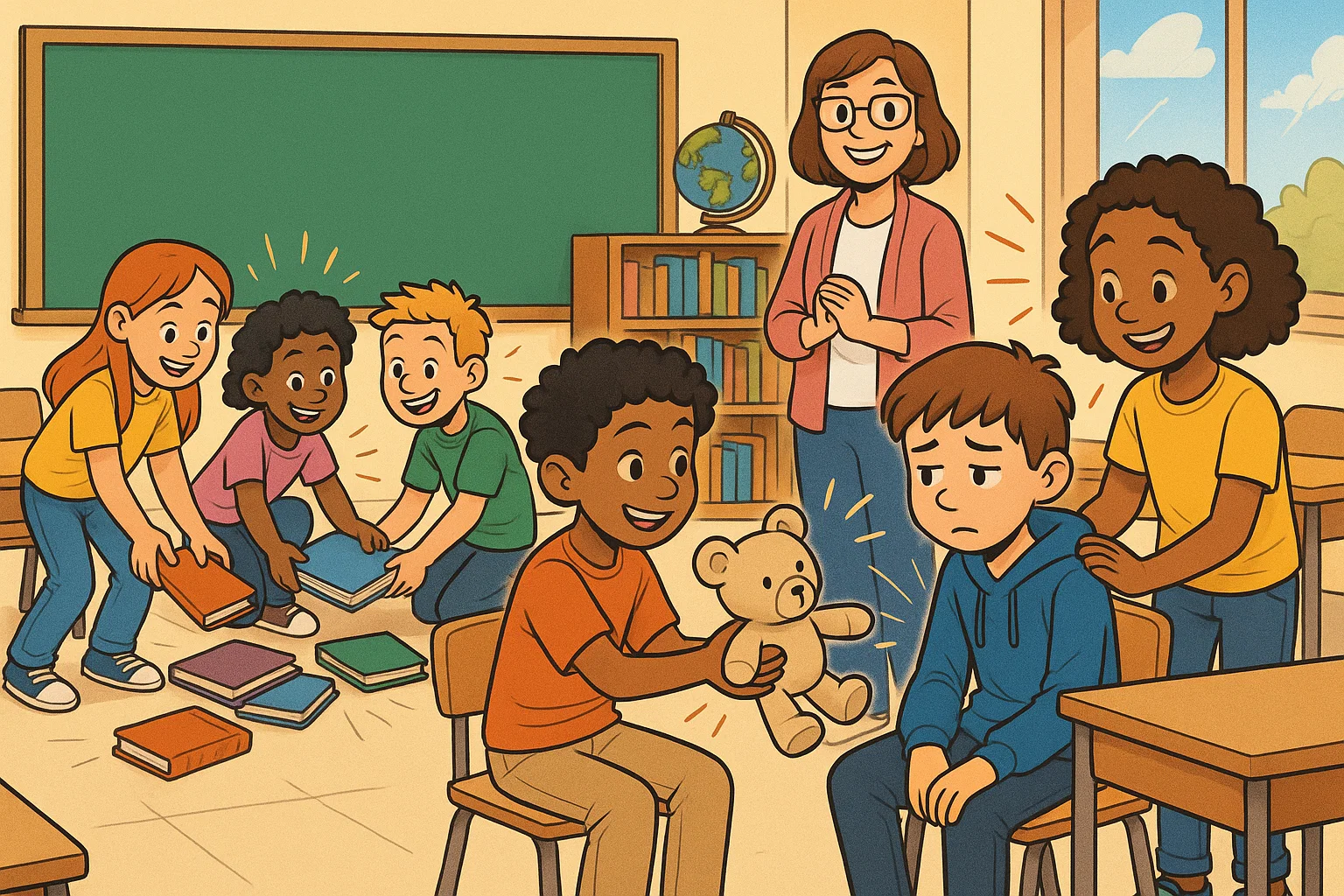 Cartoon of 12-year-olds showing empathy in a classroom. Cartoon of 12-year-olds showing empathy in a classroom.