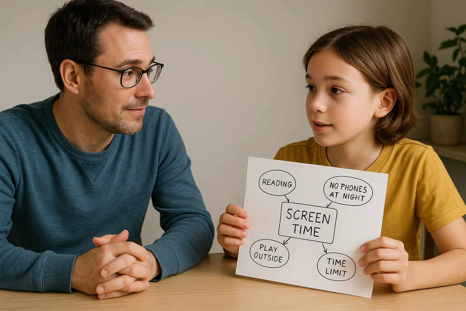 Parent and Child Discussing Screen Time Rules Parent and child calmly discussing screen time rules, showing cooperation and problem-solving.