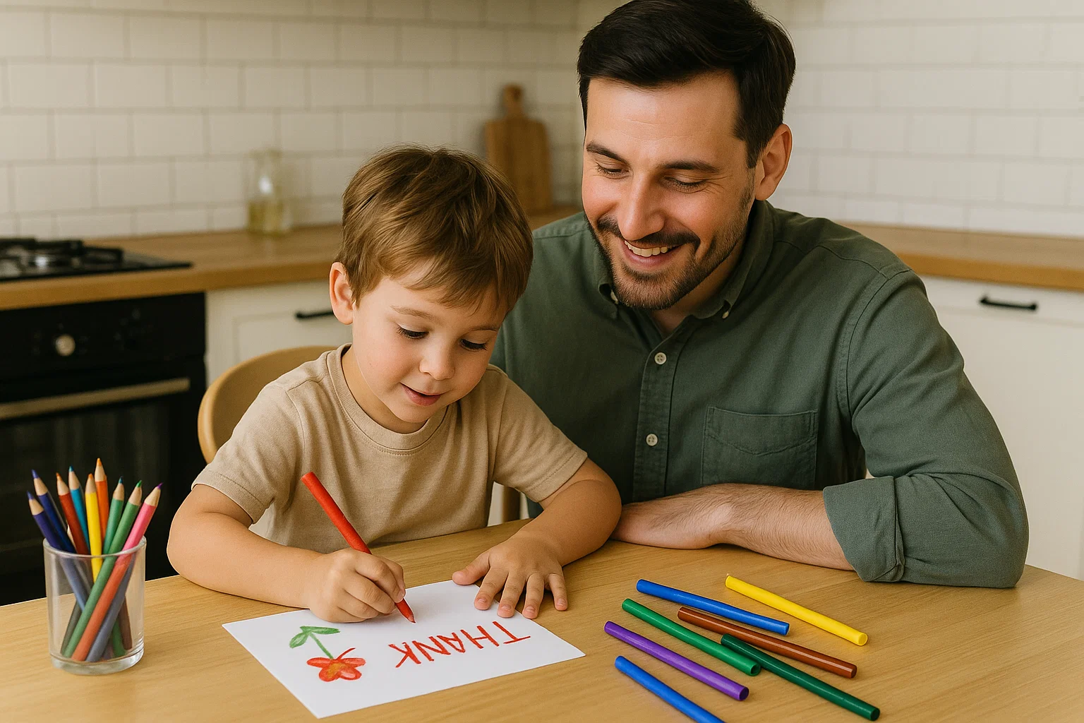Parent and child drawing a "thank you" card, learning basic gratitude