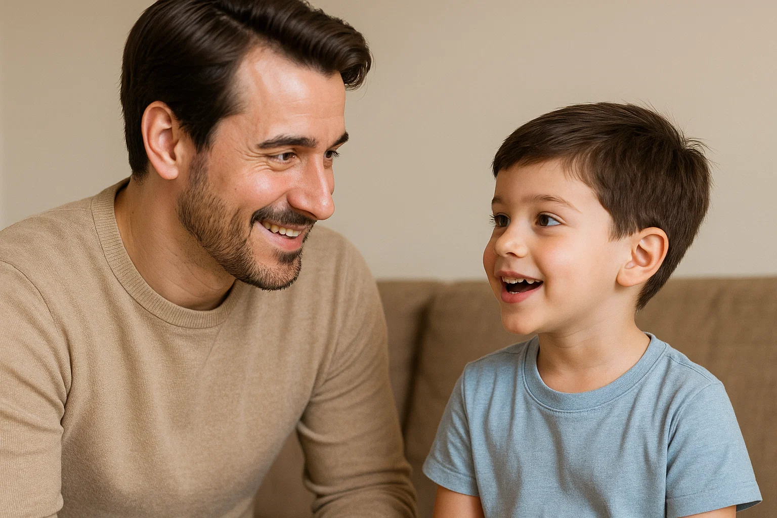 Parent and child in conversation, demonstrating respectful interaction Parent and child in conversation, demonstrating respectful interaction