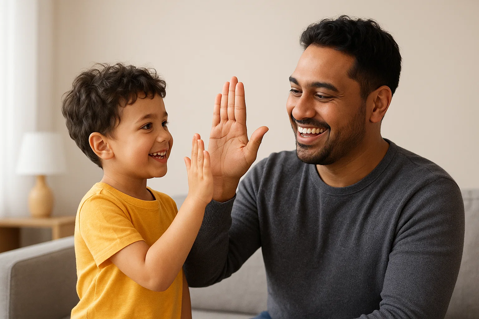 Parent praising child with a high-five for a respectful action Parent praising child with a high-five for a respectful action
