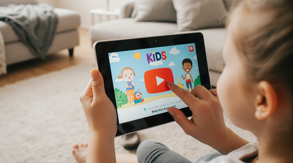 Child's hands reaching for a locked tablet screen showing YouTube Kids. 