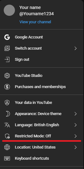RestrictionMode A screenshot showing the location of the Restricted Mode toggle within YouTube settings