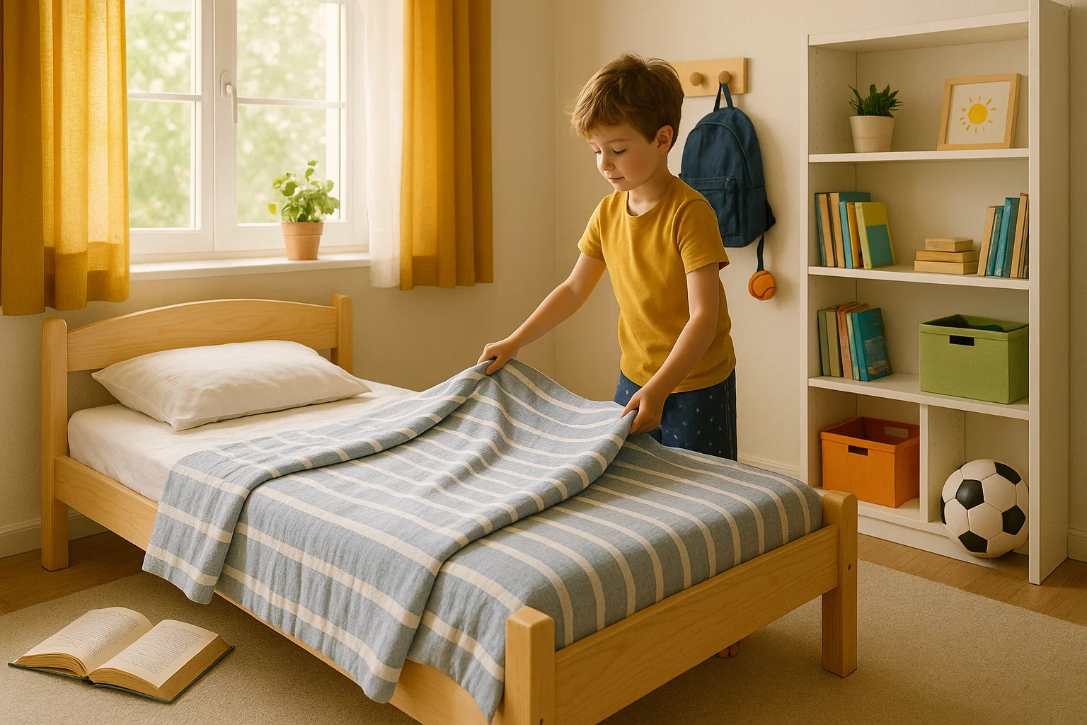 Screen-Free Morning Routine Child getting dressed in an organized bedroom without screens, showing a calm morning routine.