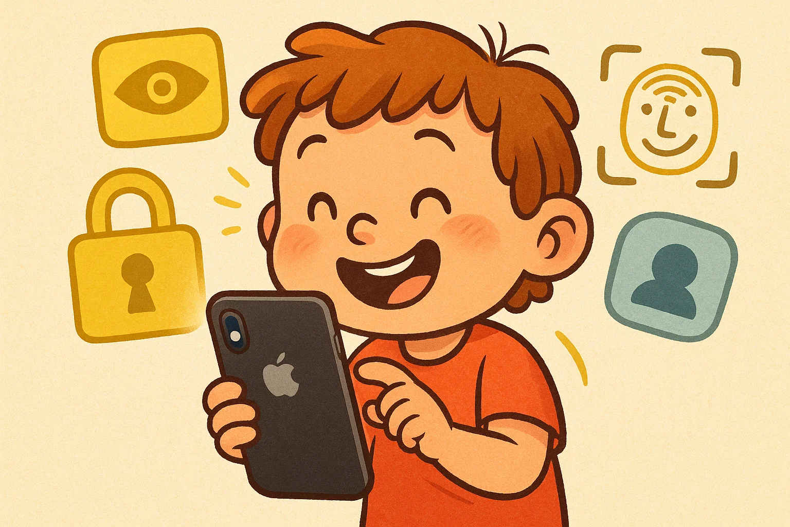 Cartoon shows kid using iPhone, with lock, hide app, and Face ID for secure parental control. Cartoon shows kid using iPhone, with lock, hide app, and Face ID for secure parental control.