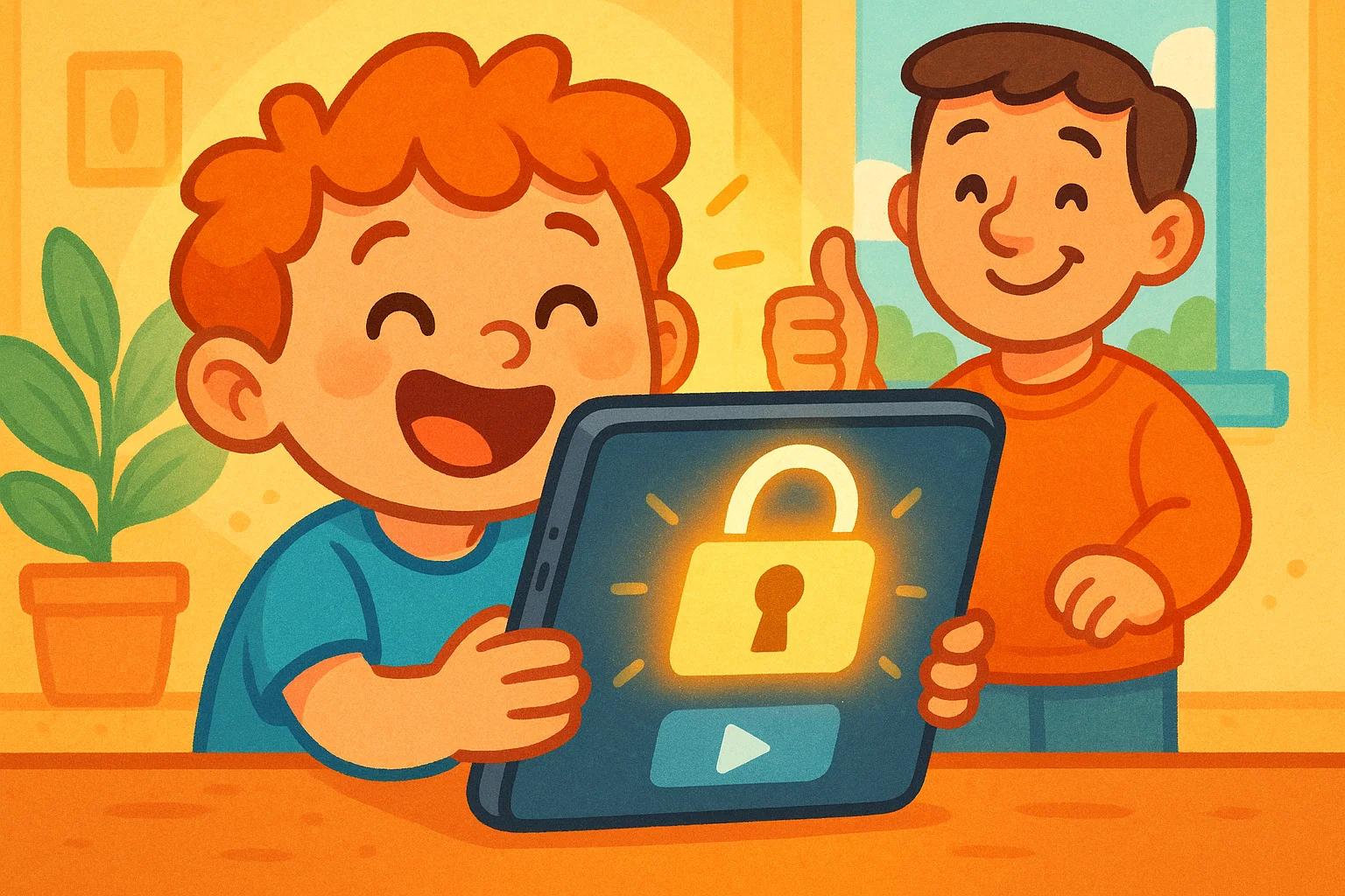 Happy child watching YouTube Kids on a tablet with an active screen lock and a smiling parent. Happy child watching YouTube Kids on a tablet with an active screen lock and a smiling parent.