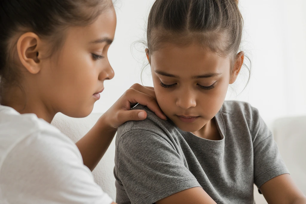 Realistic photo of two 12-year-old children showing mutual understanding and support. Realistic photo of two 12-year-old children showing mutual understanding and support.