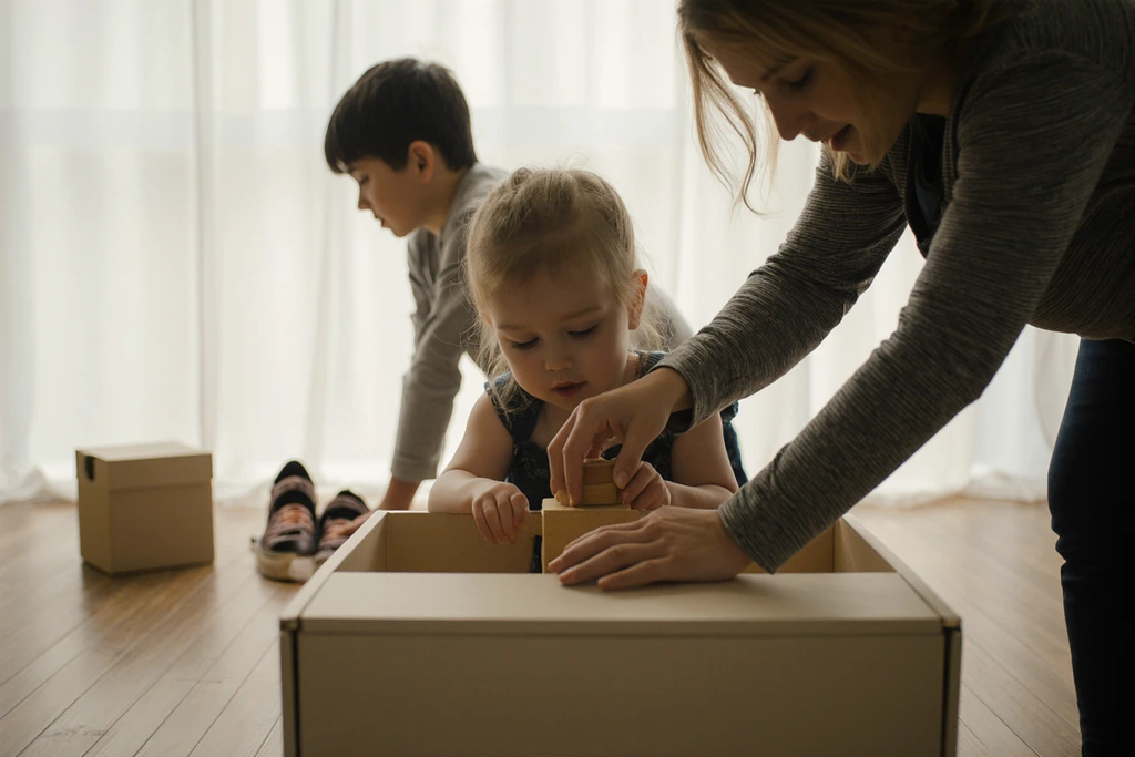 Toddler putting away toys and older child organizing shoes, depicting early responsibility. Toddler putting away toys and older child organizing shoes, depicting early responsibility.