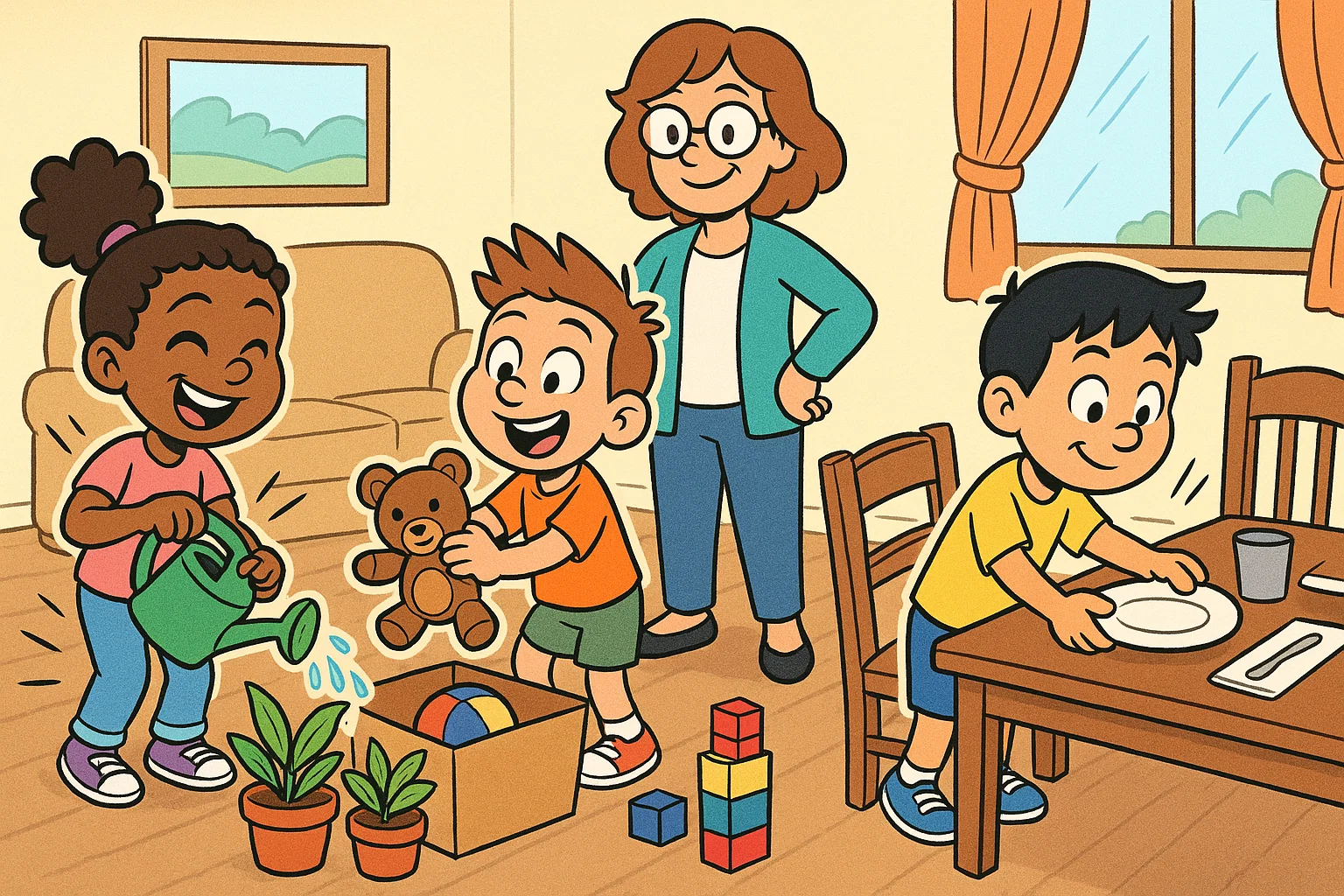 Playful cartoon of children happily doing chores, showing responsibility with a supportive parent nearby. Playful cartoon of children happily doing chores, showing responsibility with a supportive parent nearby.