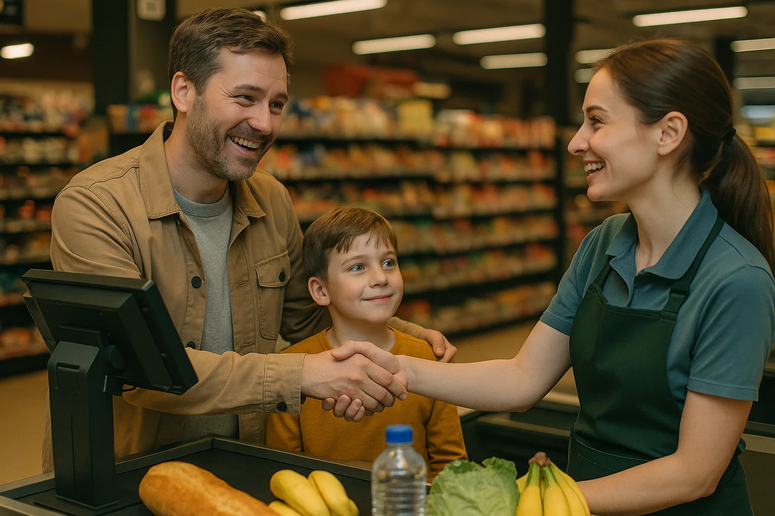 Parent thanking a cashier with child observing, modeling gratitude
