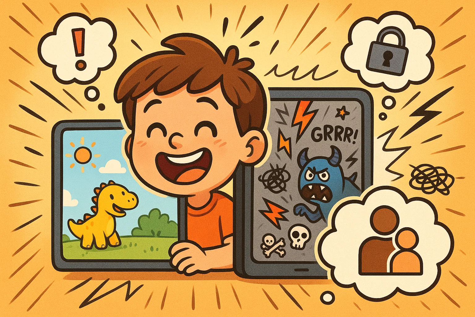 A compelling cartoon shows a child experiencing both joy from filtered, educational YouTube content and concern from exposure to unsuitable material