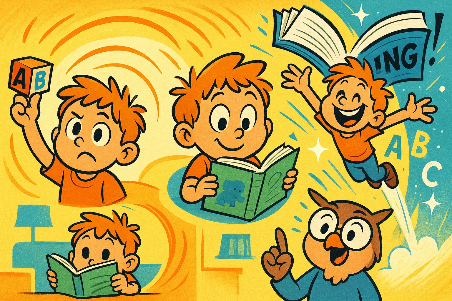 Playful cartoon of a child's journey learning to read, from blocks to flying with books. Playful cartoon of a child's journey learning to read, from blocks to flying with books.