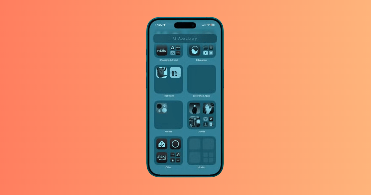 App Library screen scrolled to the bottom, 'Hidden' folder is visible.