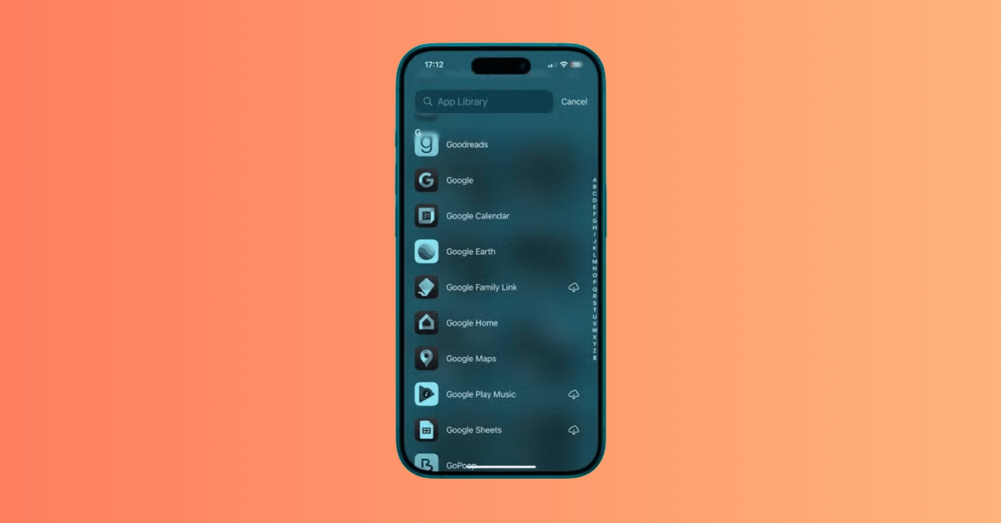 App Library showing alphabetical list of all apps after unhide action.