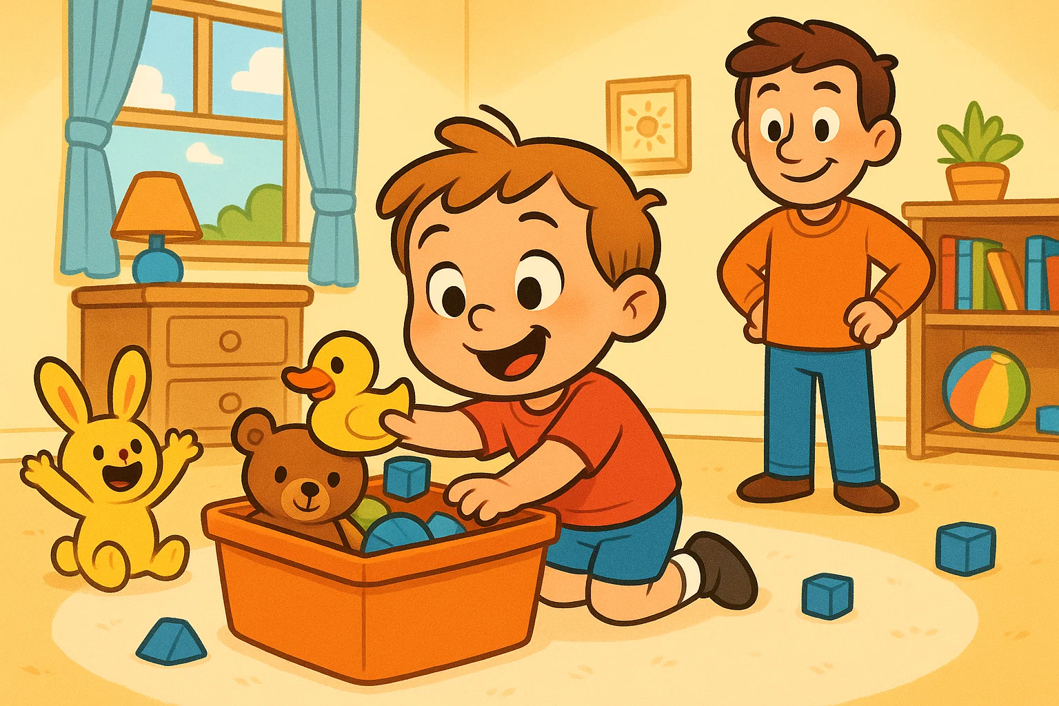 A child doing age appropriate chores by putting toys away. A child doing age appropriate chores by putting toys away.