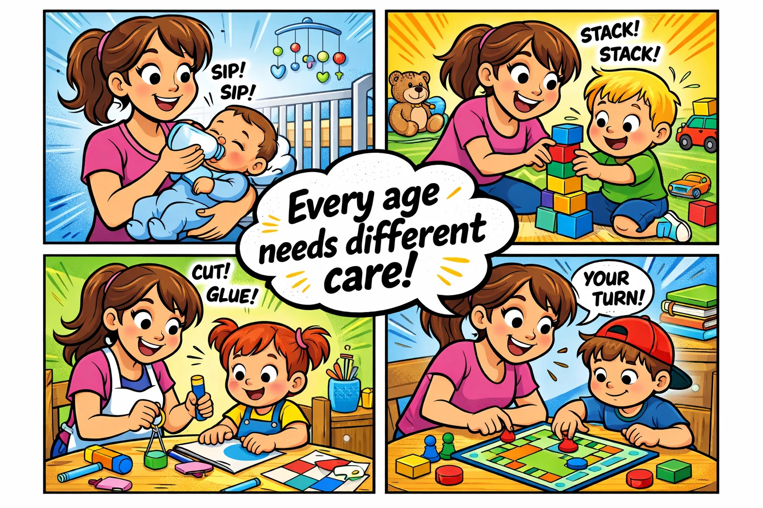 Babysitting tips by child age for infants, toddlers, preschoolers, and older kids.
