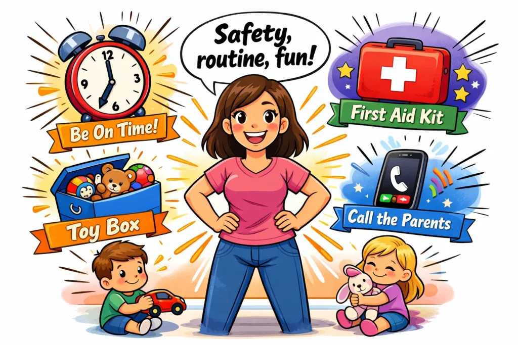 Babysitting tips key takeaways with safety, routine, communication, and play.


