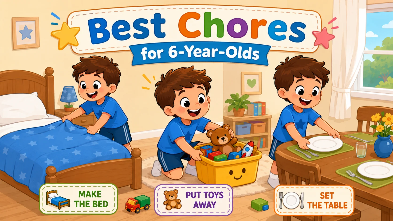  Best chores for 6 year olds include making bed and setting table. 
