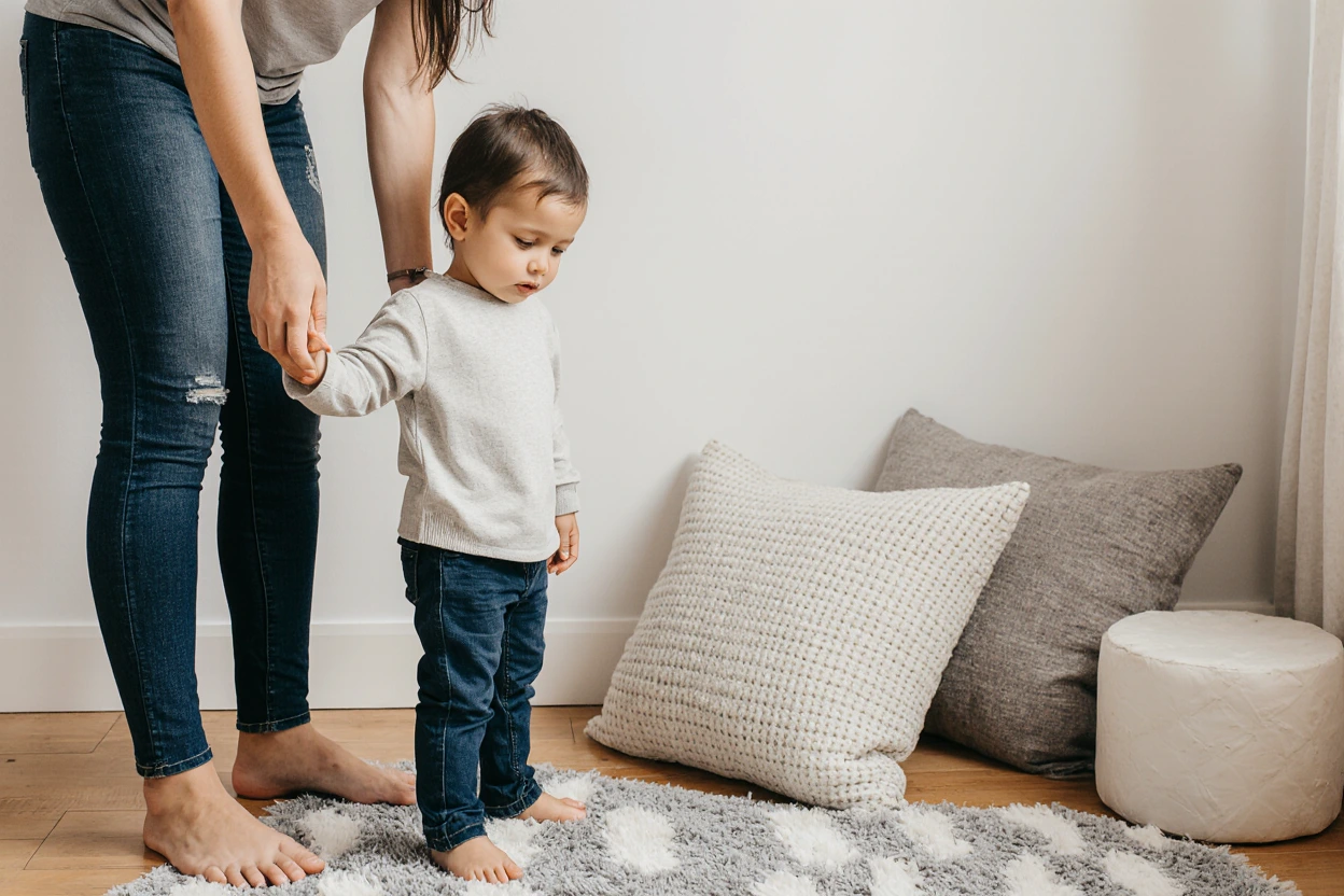 Parent guiding child to a calm-down corner. Parent guiding child to a calm-down corner.
