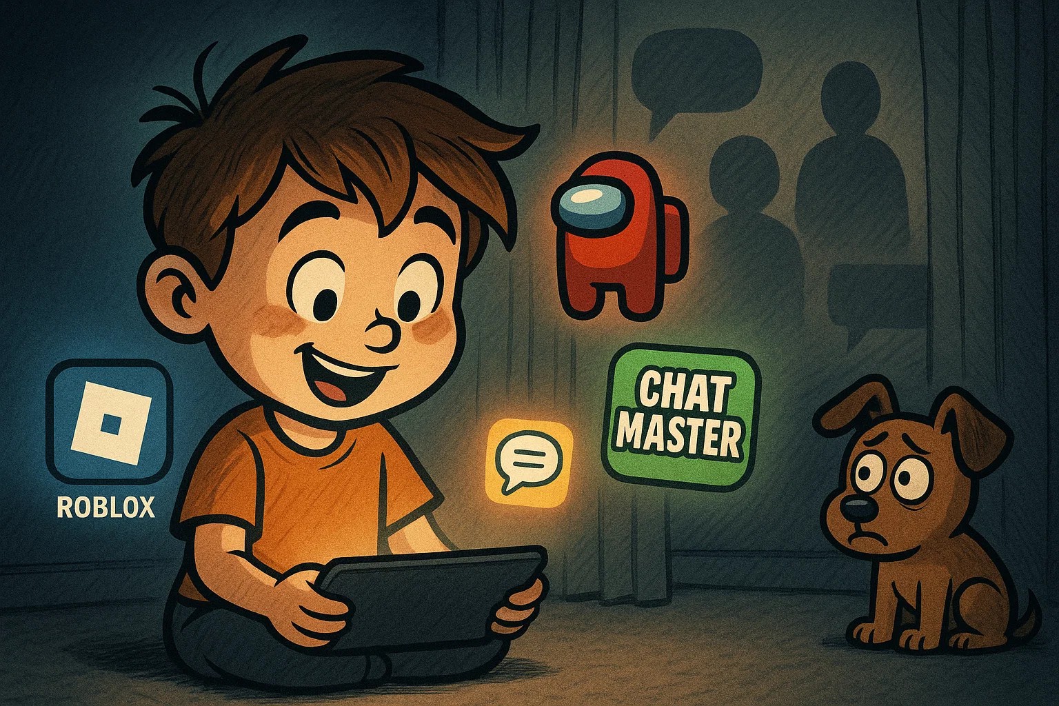 Child playing chat apps like Roblox and Among Us with hidden messages in the background. Child playing chat apps like Roblox and Among Us with hidden messages in the background.