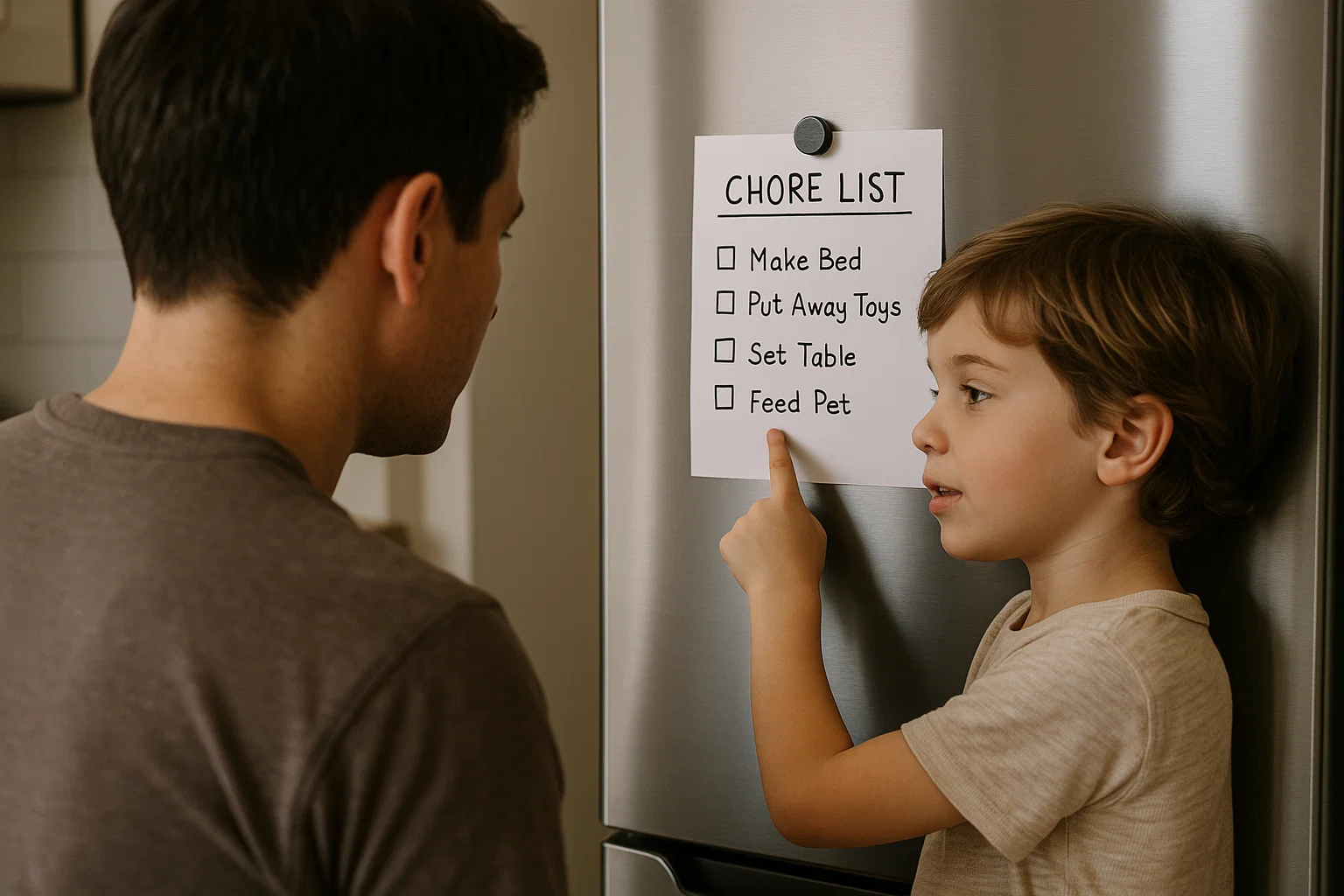 Parent and child discussing a chore list on a refrigerator. Parent and child discussing a chore list on a refrigerator.