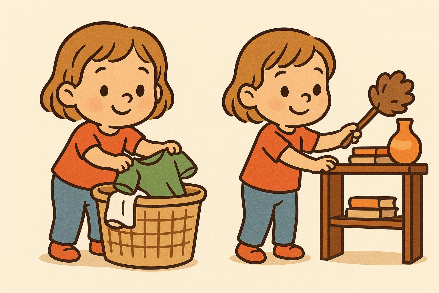 A child helping with chores, putting clothes in a basket and dusting, showing what a 3 year old can do.