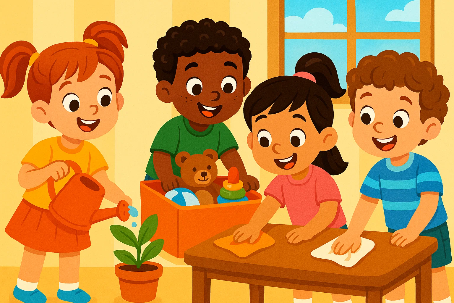 A cartoon illustration of 6-year-olds doing chores.