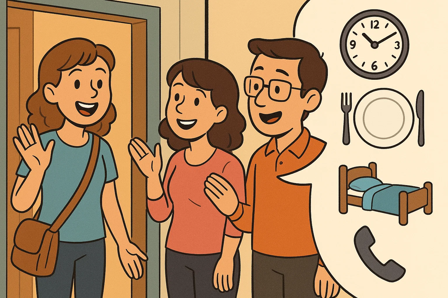 Illustration of a babysitter clarifying duties with parents before starting Illustration of a babysitter clarifying duties with parents before starting