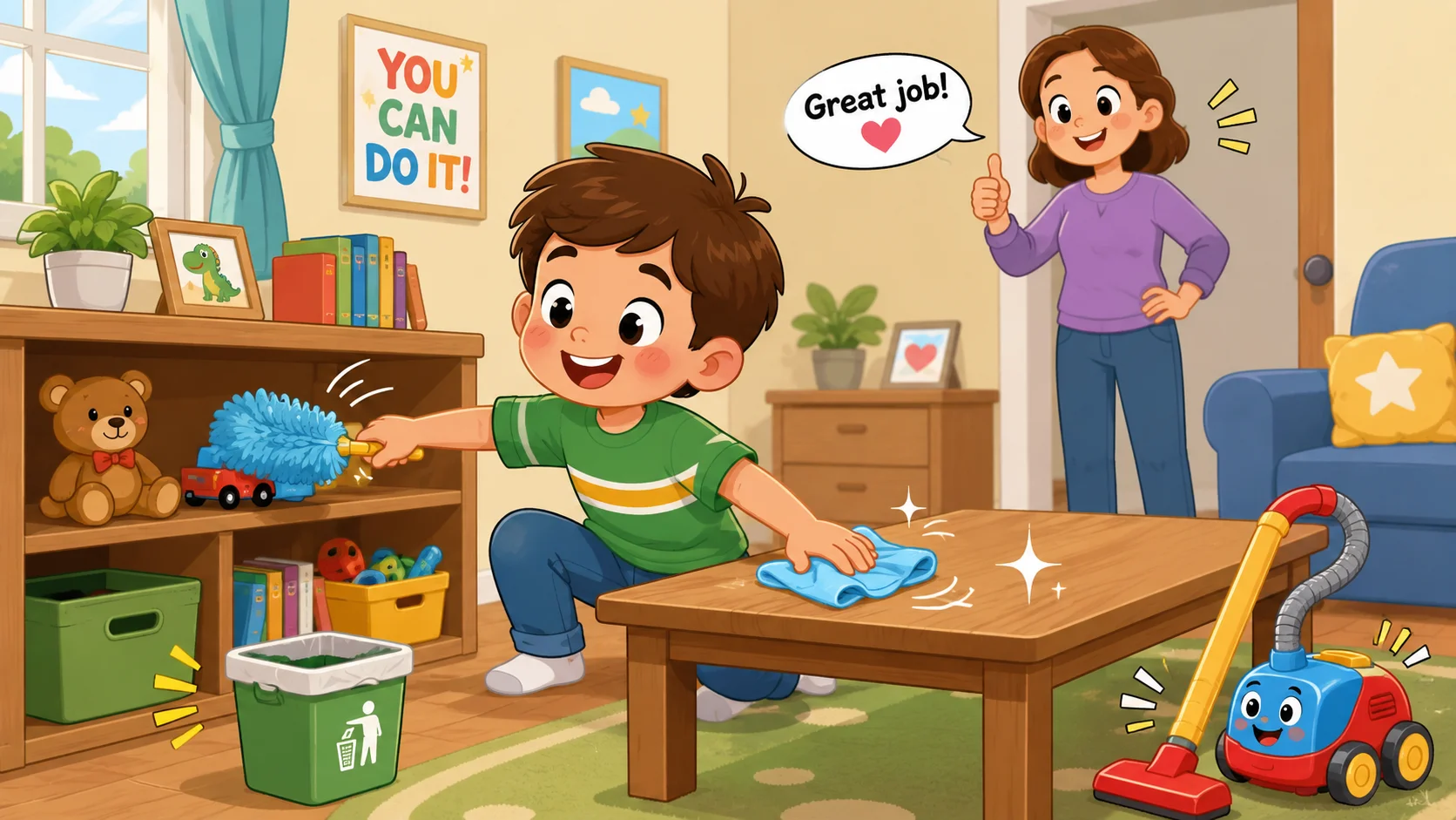 Cleaning chores for 6 year old child with parent encouragement. 
