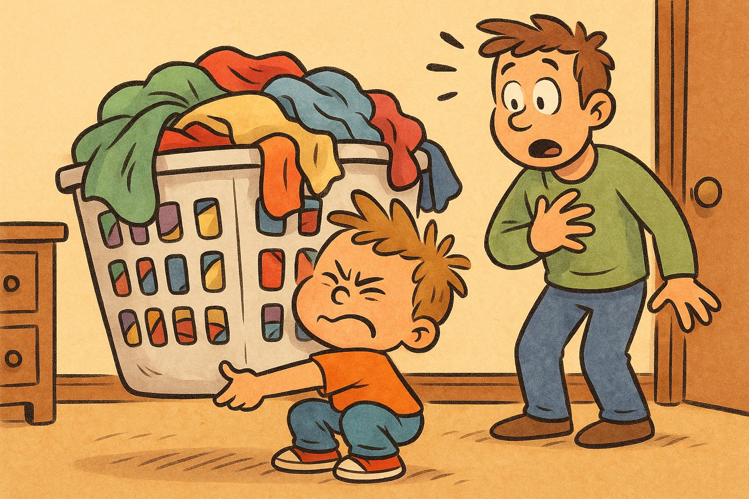 A child struggling with laundry, showing common mistakes with 3-year-old chores to avoid.