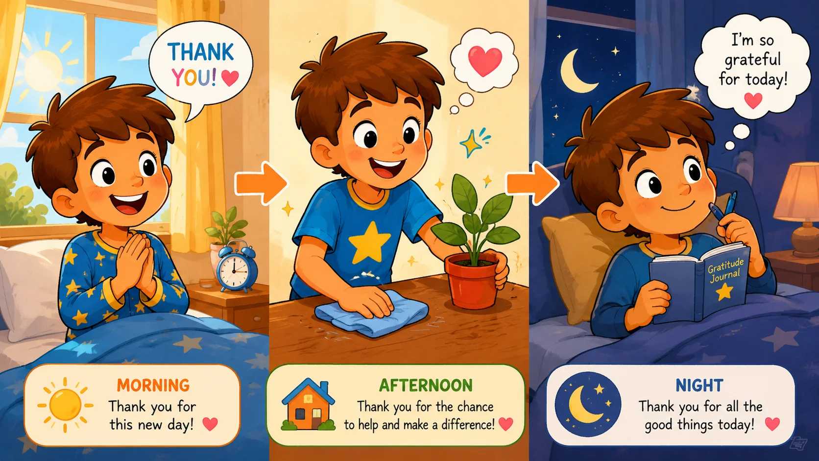 Daily gratitude process helps child say thanks, help at home, and reflect at night. 
