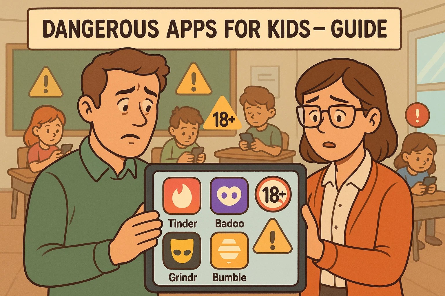 Cartoon showing dangerous apps guide for parents with kids using phones in a classroom. Cartoon showing dangerous apps guide for parents with kids using phones in a classroom.