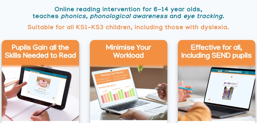A screenshot of the Dyslexia Gold website homepage, featuring text about its reading intervention programs.