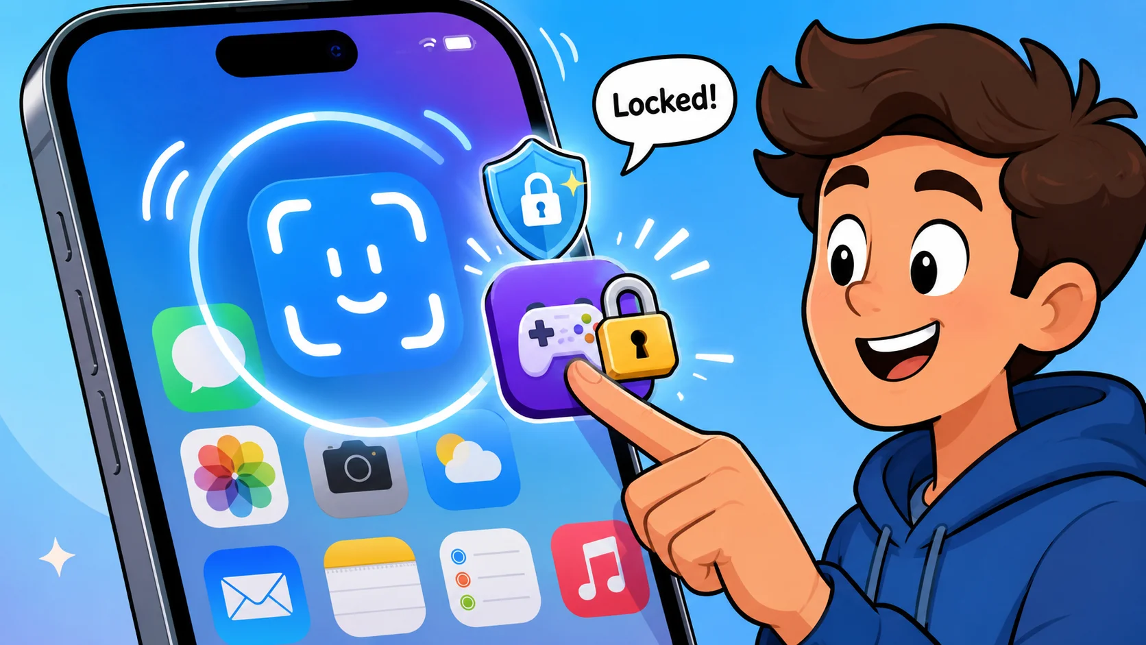 Face ID app lock on iPhone protecting app with shield and passcode security. 
