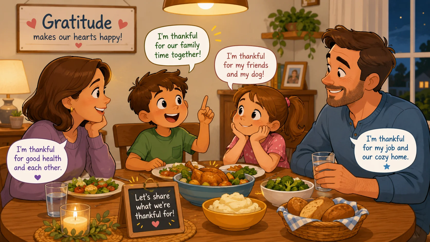  Family gratitude dinner ritual with parents and kids sharing thankful thoughts.  
