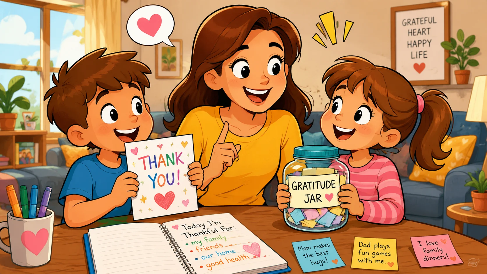 Family gratitude practice at home helps kids learn to be grateful.