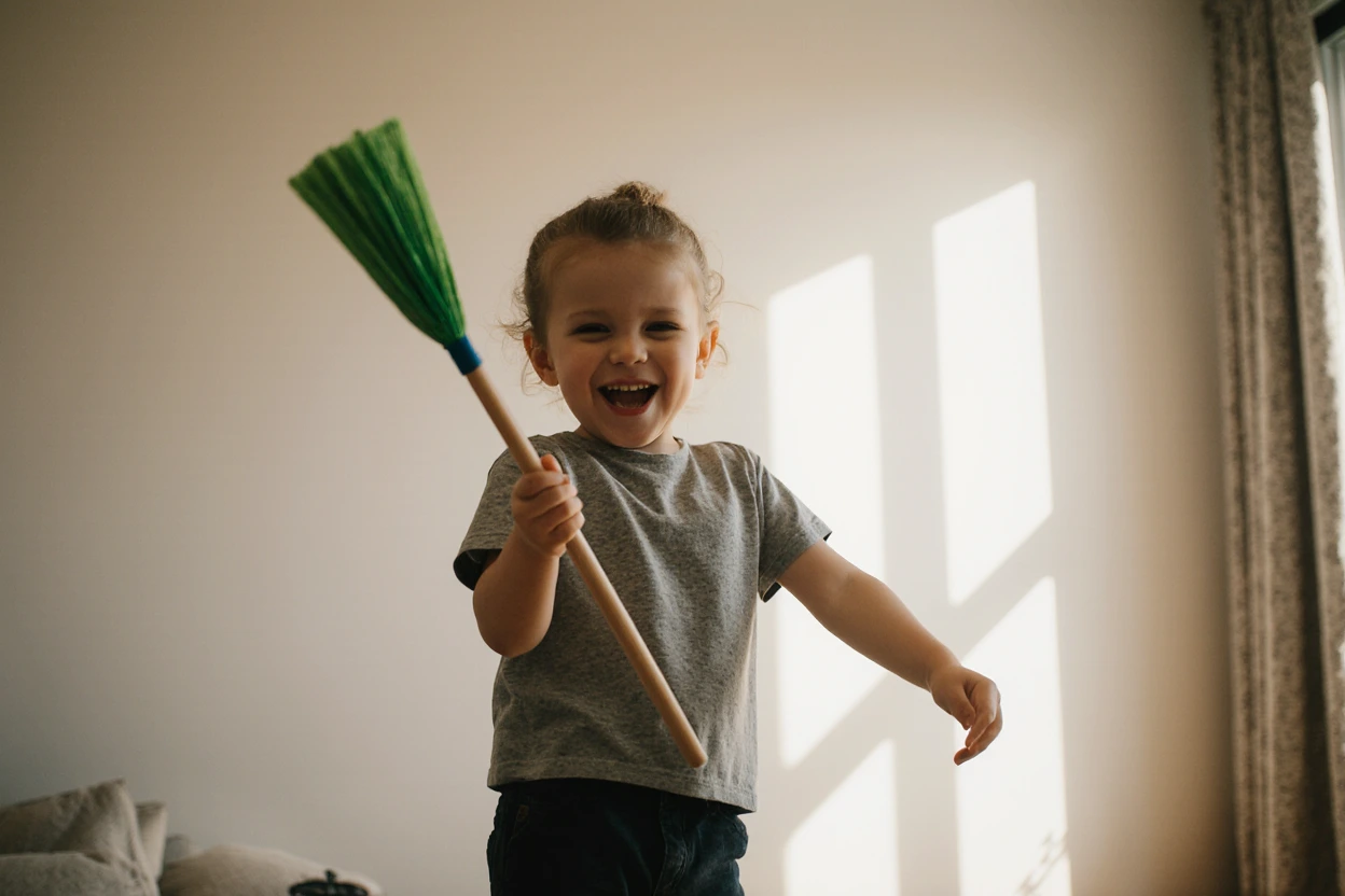 Child smiling while holding a duster, making cleaning fun. Child smiling while holding a duster, making cleaning fun.