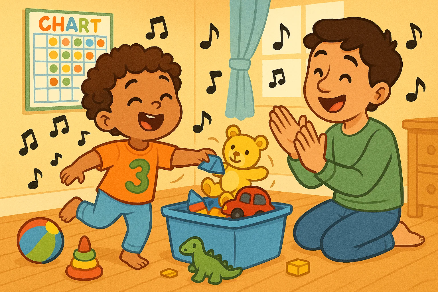 A child happily cleaning toys with an adult encouraging him, illustrating getting a 3 year old excited about chores using proven tips