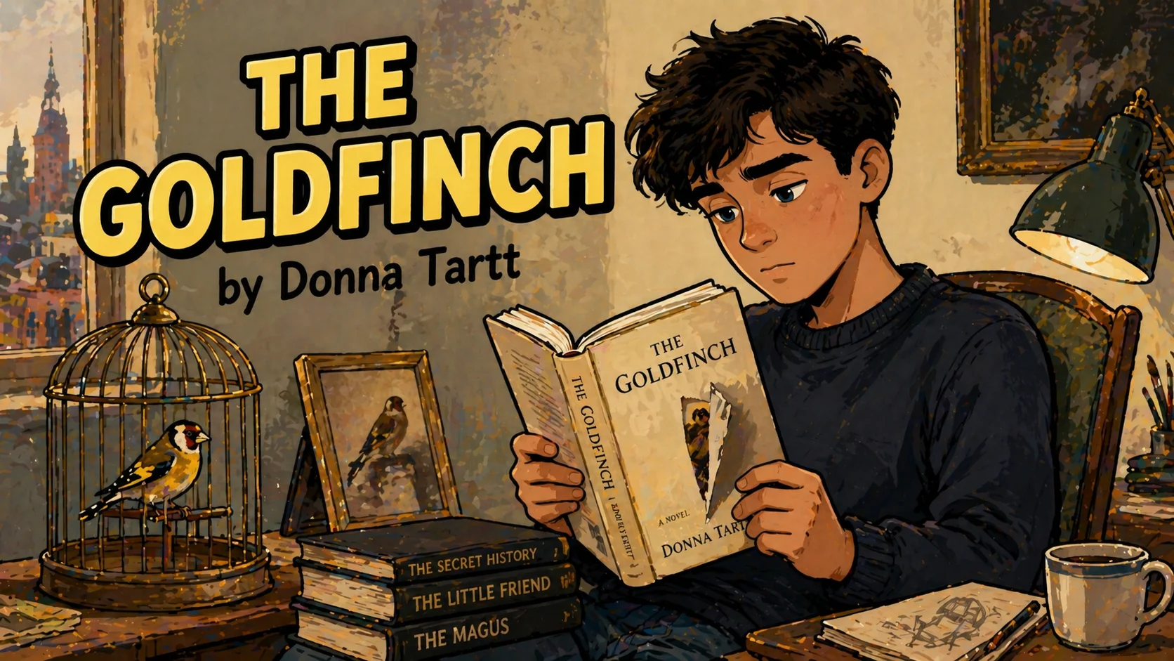 Goldfinch by Donna Tartt with young reader and bird artwork. 