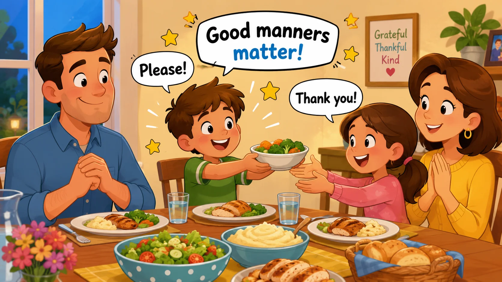 Good manners family dinner with child saying please and thank you. 
